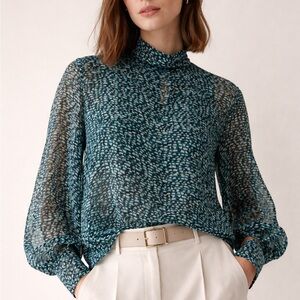 Teal and Black Patterned Abstract Print Sheer Blouse | Size L